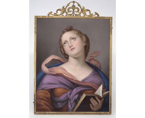 Framed Meissen plaque, painted with a portrait of a lady holding a song book, fitted in gilded metal framed, crossed swords m