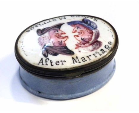 Enamel box probably Bilston, painted with 'Before Marriage' and After Marriage' late 18th early 19th century 4.5cm wide     C