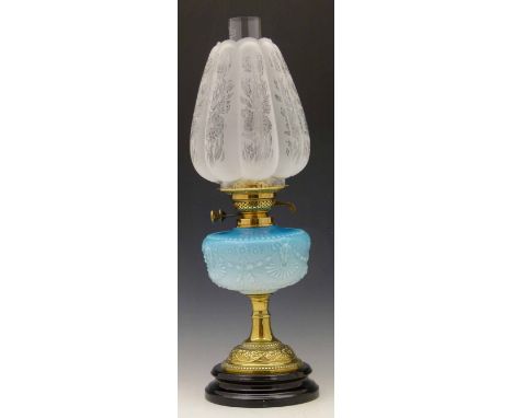 Victorian turquoise glass and brass table oil lamp with frosted shade, height to burner 36cm.