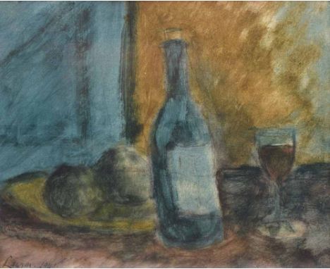 Kenneth Lawson (British, 1920-2008),   "Still Life with Bottle and Apples", signed and dated 1941, titled on artist's label v