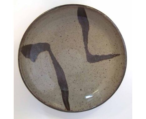 Janet Leach  (1918-1997) St Ives studio pottery bowl, painted with green and brown glaze patterns, impressed seal marks to si