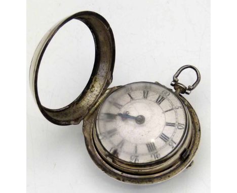 Silver pair cased pocket watch Jno Wilton, London 3175, the cases London 1760, white enamel dial (cracked, chipped), Roman ho