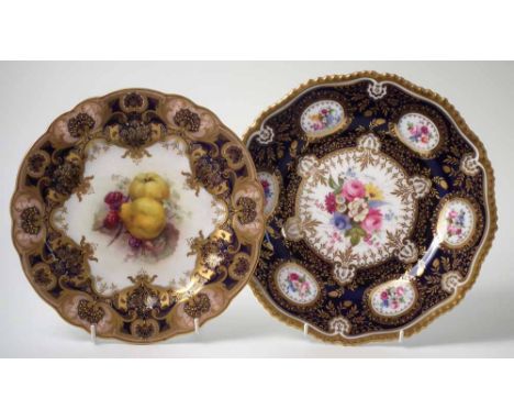 Royal Worcester plate signed R. Sebright, painted with fruit and flora within a raised gilded blue border, together with anot