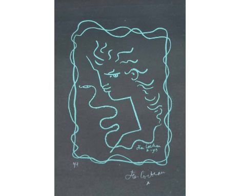 Jean Cocteau (1889-1963),  "Femme avec Serpente", signed and dated '94 in white crayon, 1959, lithograph in green on black pa