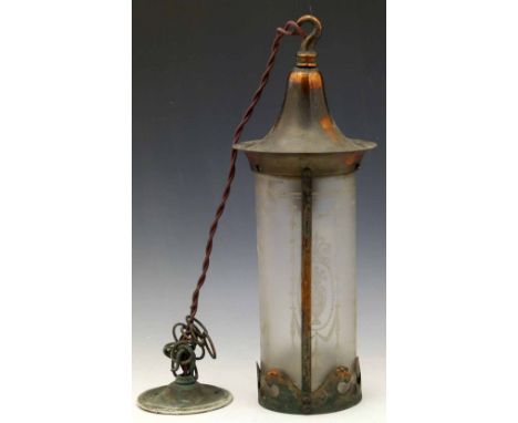 Oxidised and frosted glass cylindrical electric ceiling light, circa 1920, height 39cm.
