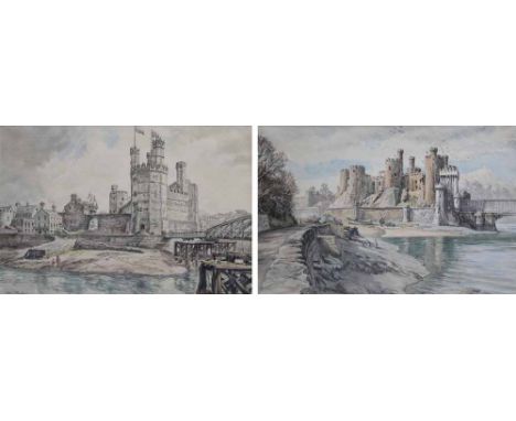 Dennis Flanders A.R.W.S., R.B.A. (1915-1994),   "Caernarfon Castle" and "Conwy Castle", signed, gallery labels - 'Tegfryn Art