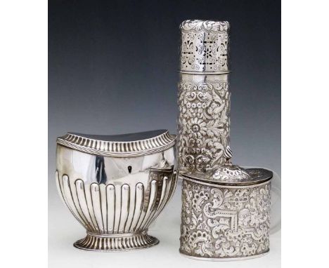 Oval silver tea caddy embossed with leaf scrolls, Nathan &amp; Hayes, Birmingham 1890, width 10cm; neo-classical silver tea c