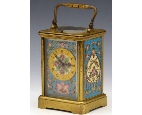 French repeating carriage clock by Richard &amp; Cie, Paris, the champleve enamel corniche case and face card with a gilt cha