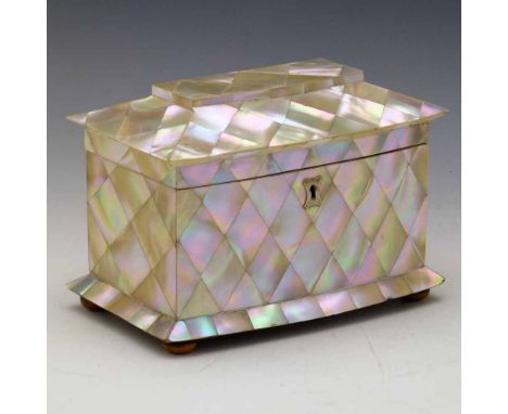 Mother-of-pearl covered tea caddy, mid 19th century, fitted with two interior compartments, width 18cm..