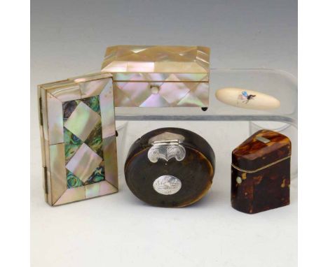 Victorian mother-of-pearl and abalone shell card case and notebook (one edge tile missing), length 9cm; mother-of-pearl small