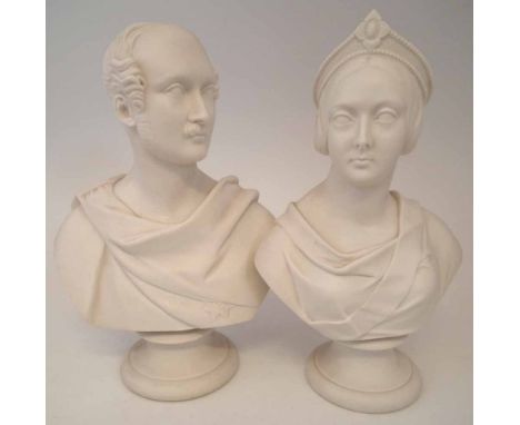 Pair of W.H. Kerr Worcester Parian busts of Queen Victoria and Prince Albert after E.J. Jones. Both mounted on socles with im