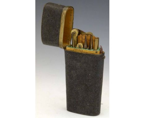 Navigator's black shagreen etui case, early 19th century, initialled RA on the tablet, containing: modern brass protractor, b