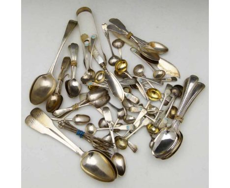 Collection of George III and later mixed silver flatware including a set of six dessert spoons and four sets of six teaspoons