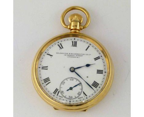 9ct gold cased open-faced pocket watch, white enamel roman dial named Goldsmiths & Silversmiths, subsidiary seconds, case 48m