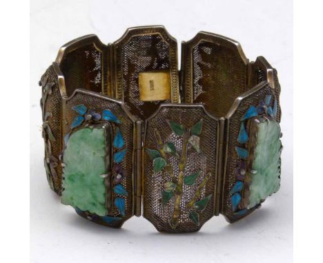 Chinese silver, jade and enamel bracelet composed of eight panels, marked "silver".