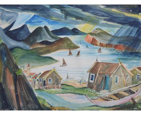 Charles Murray (1894-1954),  "Icelandic Village", signed, titled on gallery label verso, watercolour, 31 x 42.5cm.; 12.25 x 1