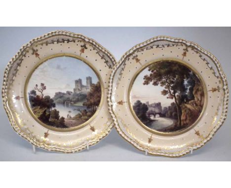 Pair of English porcelain plates retailed by Blades of London circa 1830   finely painted with titled views of Durham Cathedr