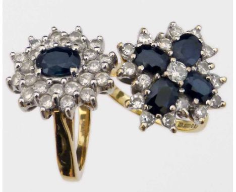 Two sapphire and diamond cluster rings, both set in 18ct gold, ring size M and N (2).