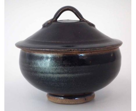 Bernard Leach  (1887-1979) St Ives studio pottery lidded bowl, painted with black and brown glazes, impressed seal marks to b