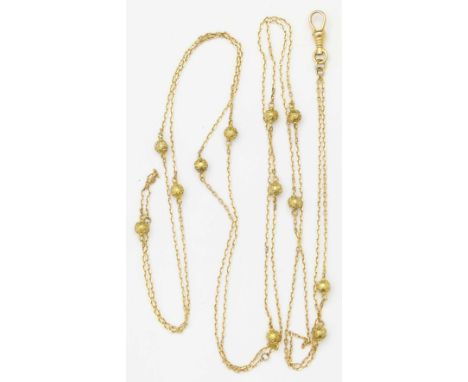Unmarked gold muff chain set at intervals with gold beads, 150cm, 14.5g