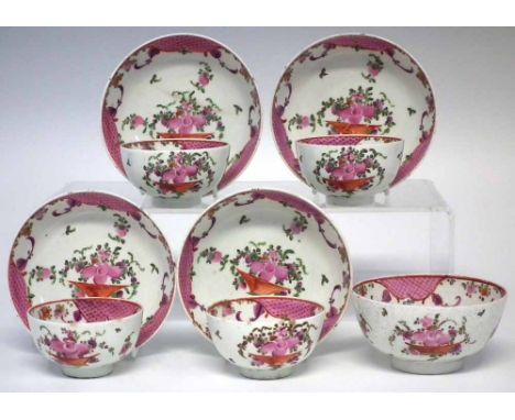 Four Lowestoft teabowls and saucers and a small bowl circa 1780, painted with a basket of flowers within pink scale cartouche