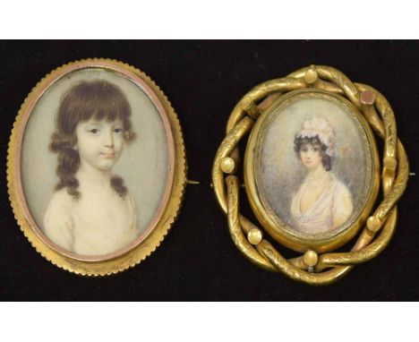 English School, early 19th century,   Two portrait miniatures of a girl and a lady, oval, watercolour on ivory, 4.5cm.; 1.75i