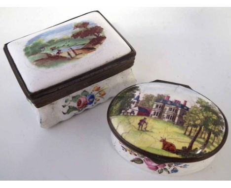 Two Enamel boxes, one painted with in river landscape, the other printed and painted with a gentleman and cow outside a mansi