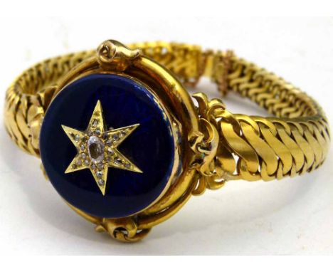Victorian gold bracelet locket set with diamonds and guilloche enamel on the hinged cover, diameter 3cm, gross weight 41.5g. 