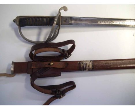 1822 Royal Artillery Officers sword   with fish skin grip, etched blade and leather covered scabbard, blade length 85cm