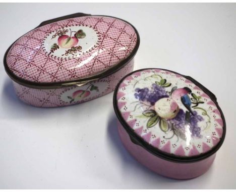 Two enamel boxes, one painted with a bird and fruit,  the other with a single flower, late 18th early 19th century (2) The la