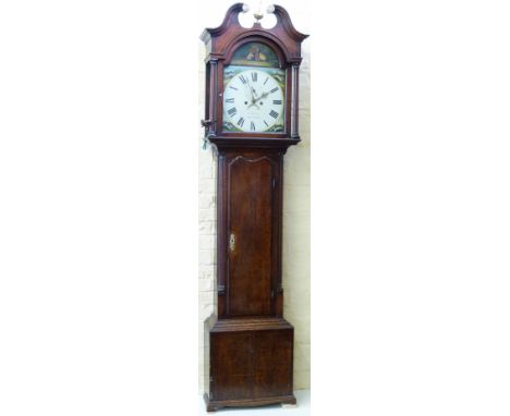 Oak longcased clock signed J Jarvis, Whitchurch, the painted break arch Roman dial with subsidiary seconds and date aperture,