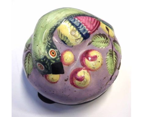 Enamel box, modelled as a parrot and fruit, the base painted with a rose, 4.5cm diameter    Condition report: damages and los