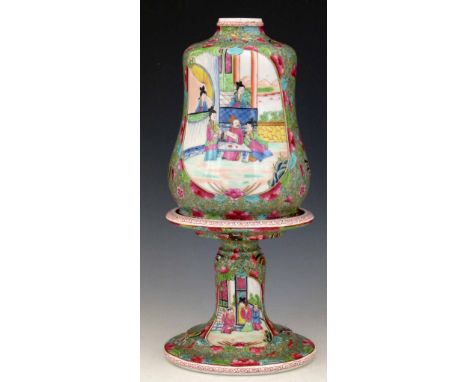 Cantonese porcelain lantern and stand painted with panels of figures, height 36cm.
 
Condition report: no cracks, chips or re