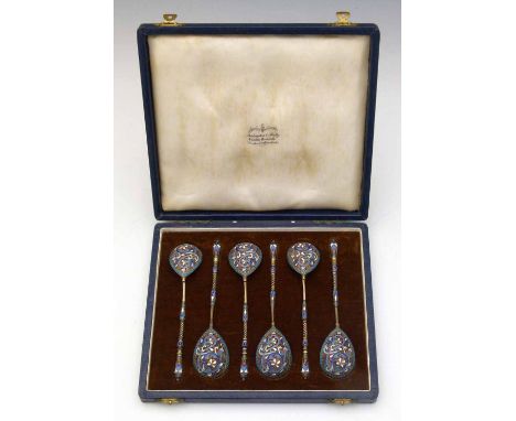 Set of six Russian 84 silver gilt and enamel spoons, Moscow assay AP 1898, the bowl backs decorated with floral scrolls, leng
