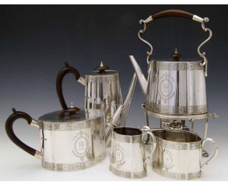 Silver five piece tea and coffee set, Mappin & Webb, Sheffield 1915, 1916, of quatrefoil section engraved with bands and mono