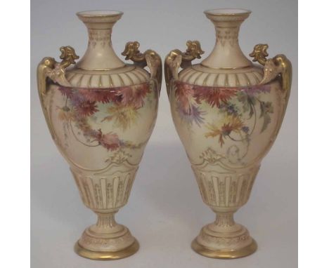 Pair of Royal Worcester griffin handled vases, decorated with flora after Edward Raby, puce printed 1674 shape and 1894 date 