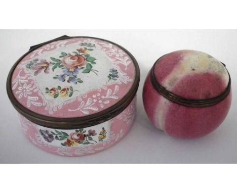 Enamel box, modelled as an apricot, also one other enamel box painted with floral spray within a pink ground, late 18th / ear