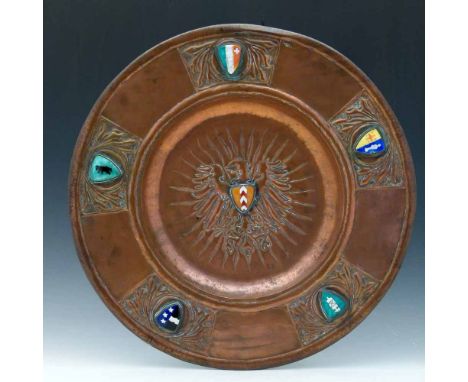 St. Albans School of Art copper alms dish applied with enamel shields, diameter 48cm.