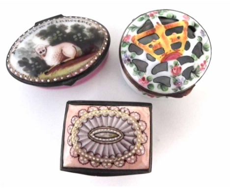 Two Enamel boxes, one painted with a sheep and 'An Emblem of Innocence' another box painted with a formal pattern, and anothe