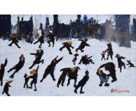 Sue Atkinson (1949-),  Figures playing in the snow, signed, oil on board, 27 x 46cm.; 10.75 x 18.25in.    Artists' Resale Rig