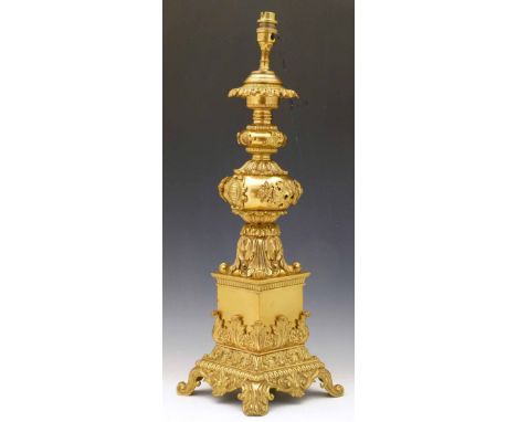 Neo-classical gilt brass table lamp, height 51cm.