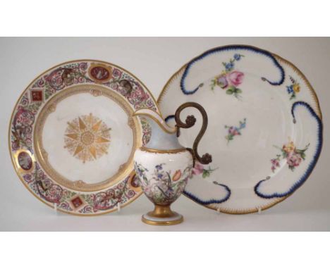 Sevres plate, painted with flora, also a hard paste porcelain plate decorated after the Hunting Service for Louis Philippe Ki