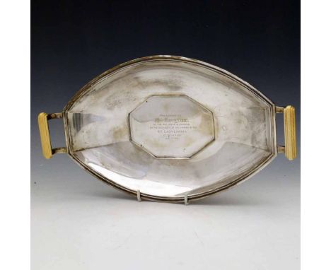 Art Deco silver two handled fruit basket with ivory grips, F Cobb, Sheffield 1934 with inscription for the ST Lady Lavinia, l