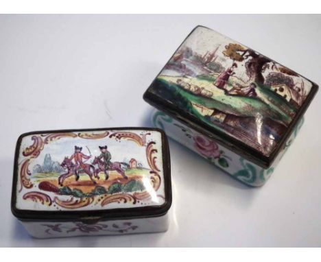 Two Enamel boxes, one painted with figures on horseback, the other printed and painted with figures within a classical landsc
