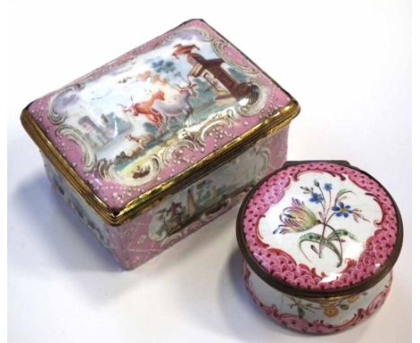 Two 18th century enamel boxes, one painted with cattle within classical scenery, the second with flora on a pink scale ground