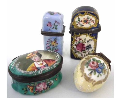 Four enamel boxes, one containing scent bottle, painted with floral sprays on coloured grounds, one painted with a portrait o