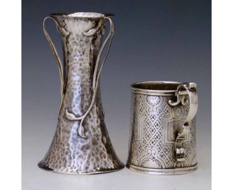 Art nouveau silver waisted vase, HC Davis, Birmingham 1906, height 15cm; also a Victorian silver christening mug, 12oz 17dwt 