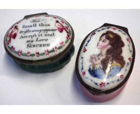 Enamel box, with porcelain cover printed with verse 'Tho small this trifle may appear, accept it and my love sincere' also an