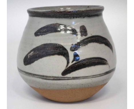 Bernard Leach  (1887-1979) St Ives studio pottery vase, painted with a leaf motif, impressed seal marks and England to side o