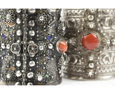 λTwo Great Kabylia anklets Algeria silver coloured metal and with inset coral, one with enamel and signed on the rim ndoui sd